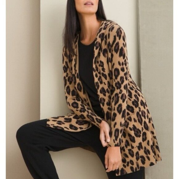Chicos Cardigan Long Duster 2 Medium 8 10 Open Front Animal Print Cozy Pockets - Picture 1 of 11